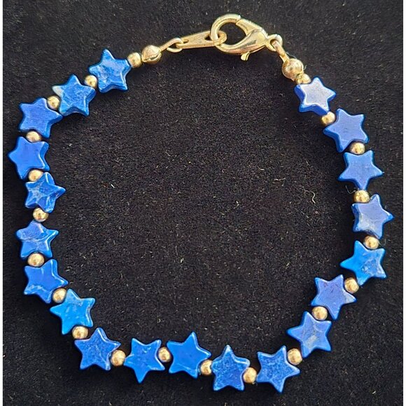 Blue Lapis Lazuli Star Beads Goldtone Bracelet - Picture 1 of 3
